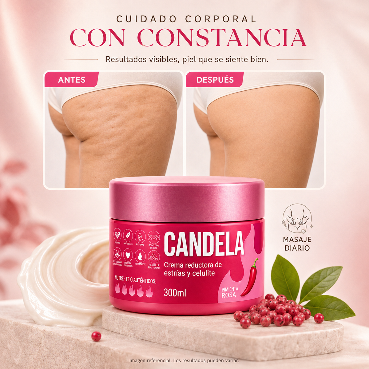CANDELA - Crema Corporal Intensiva para Estrías, Celulitis y Textura Irregular