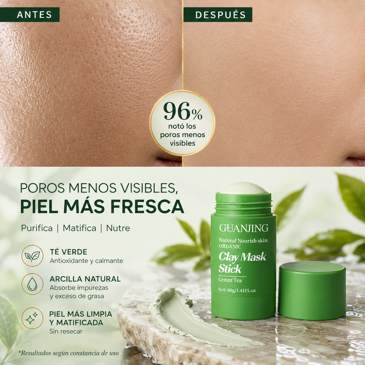 2x1 Mascarilla Exfoliante de Té Verde – Poros Limpios y Menos Puntos Negros